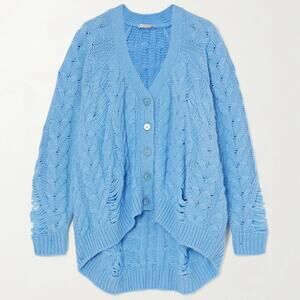 Stella McCartney Distressed Cable-Knit Alpaca-Blend Cardigan size S Pantone Blue